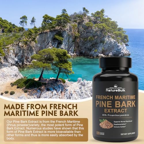 NATUREBULK French Maritime Pine Bark Extract 120 capsules bottle on clean background highlighting dietary specifications
