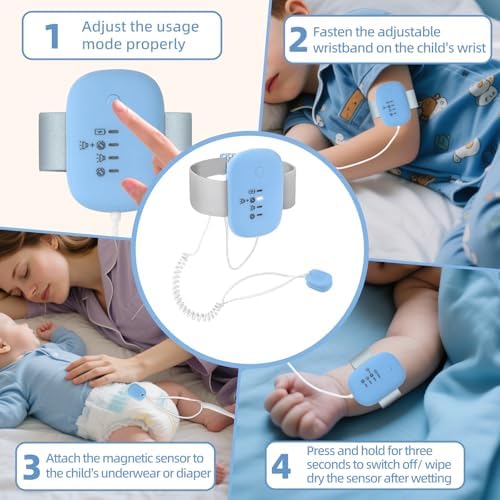 QCBF blue bedwetting monitor kit showing durable wired connection.