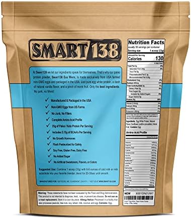 Smart138 Vanilla Egg White Protein nutrition facts label showing 25g protein.