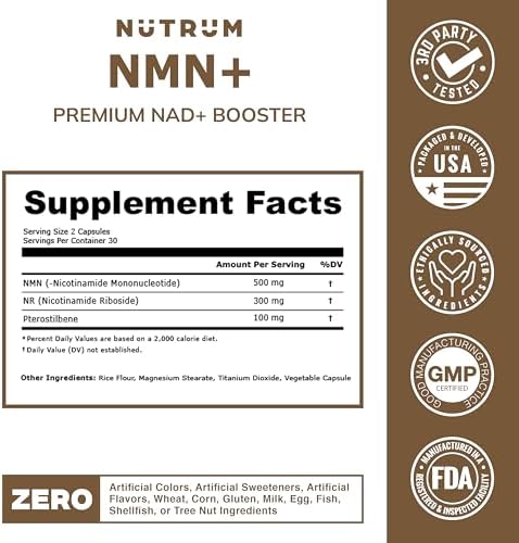 Authentic Nutrum USA imported longevity supplement packaging indicating third party purity testing verification.