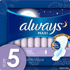 Always Size 5 Maxi Pads with wings highlighting 10 hour leak protection.