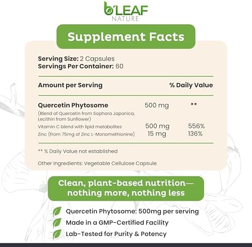 B'Leaf Nature 1000mg quercetin capsules with vitamin C and zinc for antioxidant protection.
