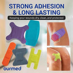 Five different sizes of flexible fabric bandages for knuckles and elbows