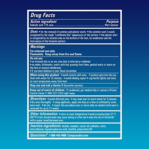 Compound W Fast Acting Liquid package showing the no-drip formula features and skin benefits.