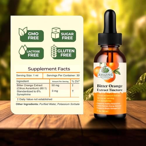 Vegan and non-GMO Amazing Botanicals liquid extract 1 ounce bottle labels.