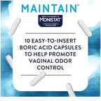 Close up of Monistat 600mg boric acid suppositories and individually wrapped feminine wipes
