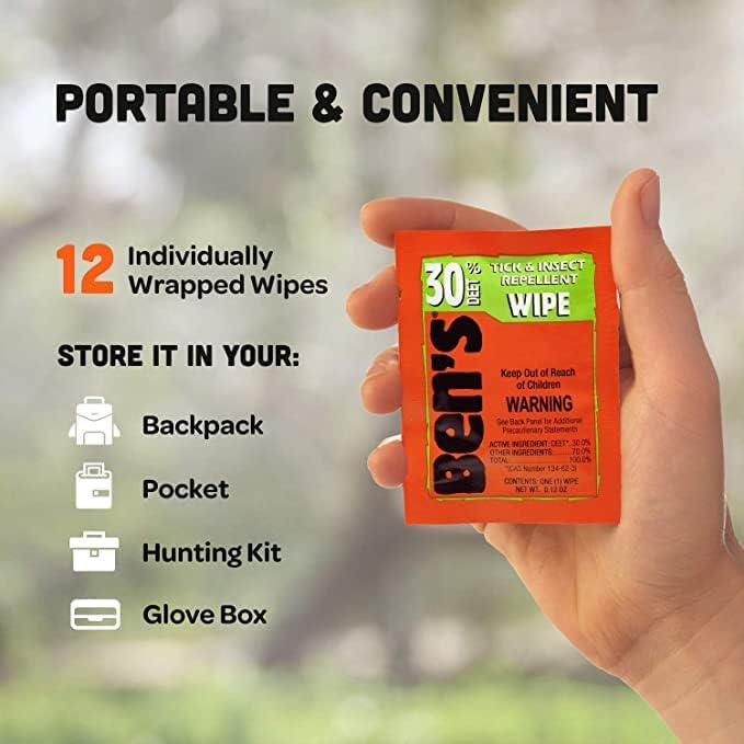 Individually wrapped travel sized mosquito and tick defense field wipes by Ben's