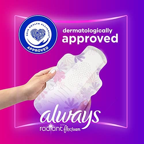 Always Radiant Size 3 pads illustrating the 35 percent larger back for flow protection