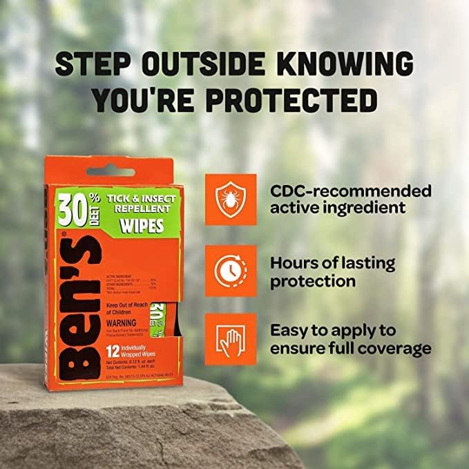 Ben's insect repellent field wipes box side panel showing active ingredients and warnings