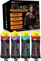 Blue raspberry and mystic melon flavored extra strength energy shots ingredients label.