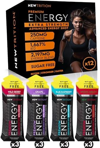 Blue raspberry and mystic melon flavored extra strength energy shots ingredients label.