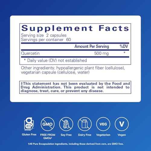 Pure Encapsulations Quercetin bottle showing supplement facts and plant derived ingredients list