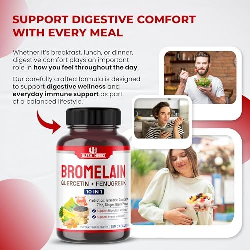 Side label of Ultra Herbs Bromelain capsules detailing the 150 capsule count and USA-imported quality.