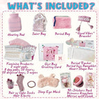 Pink period starter kit including sanitary pads and a knitted hot water bottle cover.