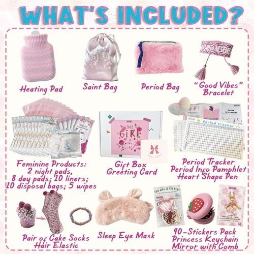 Pink period starter kit including sanitary pads and a knitted hot water bottle cover.