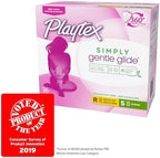 Back of Playtex Simply Gentle Glide package detailing purified fibers and BPA free applicator.