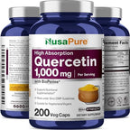 Close up view of authentic NusaPure Quercetin vegetarian capsules imported from the USA