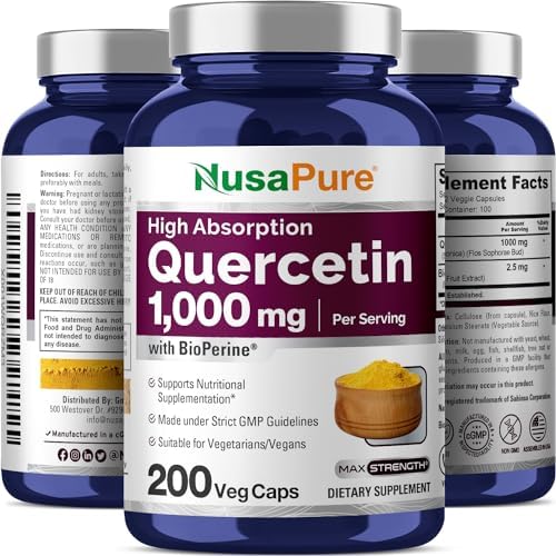 Close up view of authentic NusaPure Quercetin vegetarian capsules imported from the USA
