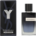 Yves Saint Laurent Y Eau de Parfum 3.3 Ounce front view bottle showcasing the sleek blue glass and metallic Y design.