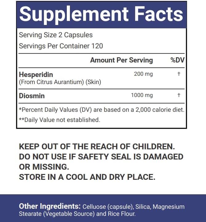 Close up of VitaCosmoX Diosmin Hesperidin 1200mg supplement packaging showing product specifications