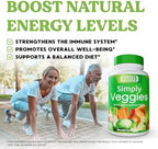 Simply Nature's Pledge vegetable capsules side panel highlighting eighteen different vegetables.