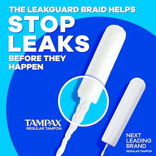 Tampax Pearl 45 count box showing different absorbency levels for heavy days.