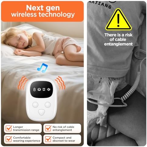 Ovevve automatic pee alarm system receiver screen displaying alert modes and volume controls