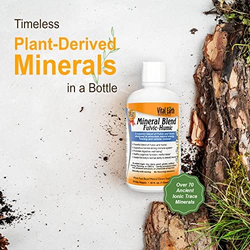 Vital Earth Minerals dietary supplement bottle alongside the convenient one ounce measuring cap