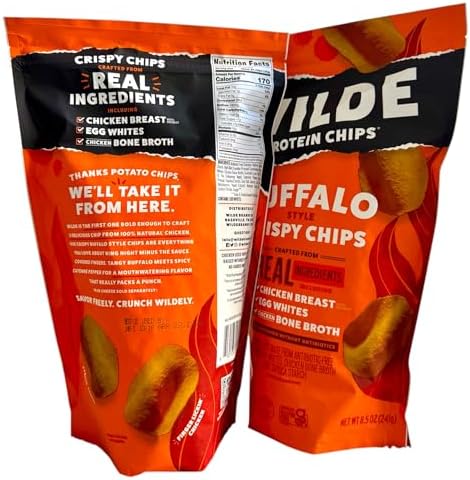 Two packs of Wilde chicken breast chips with buffalo seasoning and bone broth