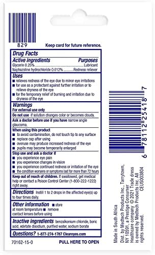 Clear Eyes Redness Relief ingredients label showing Naphazoline Hydrochloride and Glycerin.