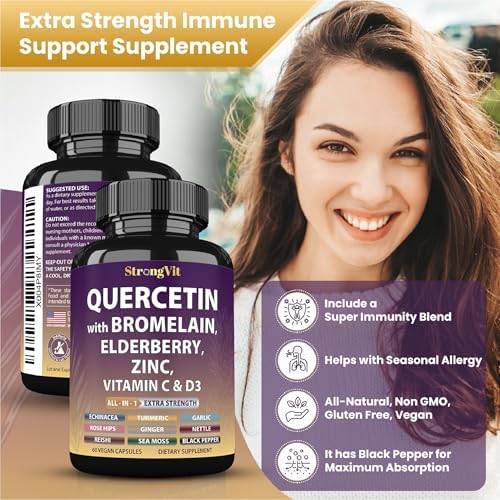 Organic extra strength quercetin complex vegan capsules displayed next to bottle
