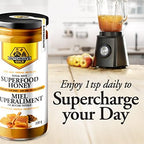 Side angle view of the 330 grams jar displaying the rich texture of unpasteurized bee product superfood.