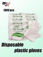Bulk pack of transparent ambidextrous disposable gloves for hygienic home cleaning.