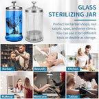 Professional barber tools in disinfectant glass jar setup