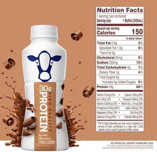 Fairlife 30g protein chocolate and vanilla bottles showing nutrition facts.