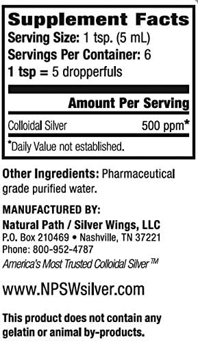 Amber glass bottle of Natural Path Silver Wings colloidal silver showing the liquid dropper top