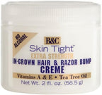 Two jars of Skin Tight razor bump cream displaying product usage instructions for face and bikini line care.