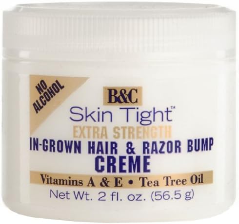 Two jars of Skin Tight razor bump cream displaying product usage instructions for face and bikini line care.