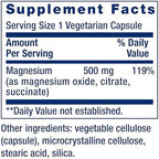 Close up of the supplement facts label on the back of Life Extension Magnesium Caps showing oxide citrate and succinate forms.