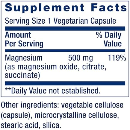 Close up of the supplement facts label on the back of Life Extension Magnesium Caps showing oxide citrate and succinate forms.