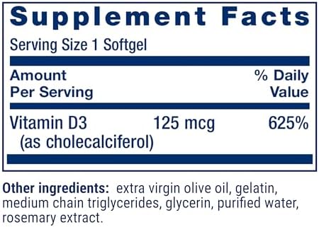 Life Extension Vitamin D3 125 micrograms bone and immune support nutritional panel