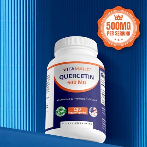 Vitamatic Quercetin capsule size demonstration next to the authentic product container