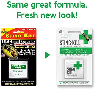 Authentic Sting-Kill imported wipes ingredient label highlighting benzocaine and menthol content.