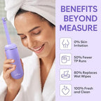 Purple 380ml peri bottle being used upside down for perineal cleaning.