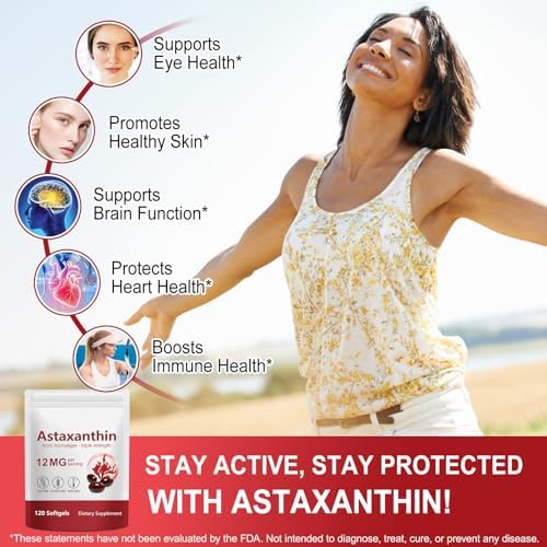 DLOMFVFQ Astaxanthin antioxidant supplement packaging detailing daily dosage instructions for adults