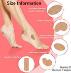 Close up of 11 different pre-cut moleskin shapes for foot protection