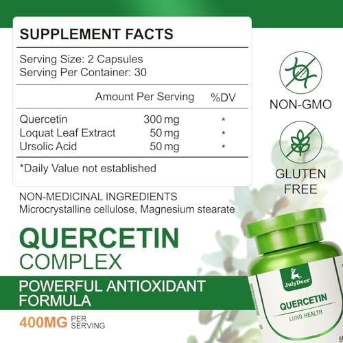 JulyDeer Quercetin 60 capsules supplement facts panel showing loquat leaf extract ingredients