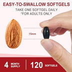 Side angle of non-GMO astaxanthin softgels showing 120 capsules label for eye and skin health.
