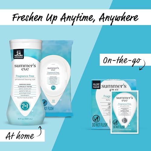 Summer's Eve fragrance free cleansing cloths showing ingredients and usage info.