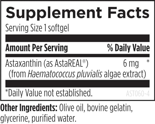 Designs For Health Astaxanthin 60 softgels showing product warnings and clean label certifications